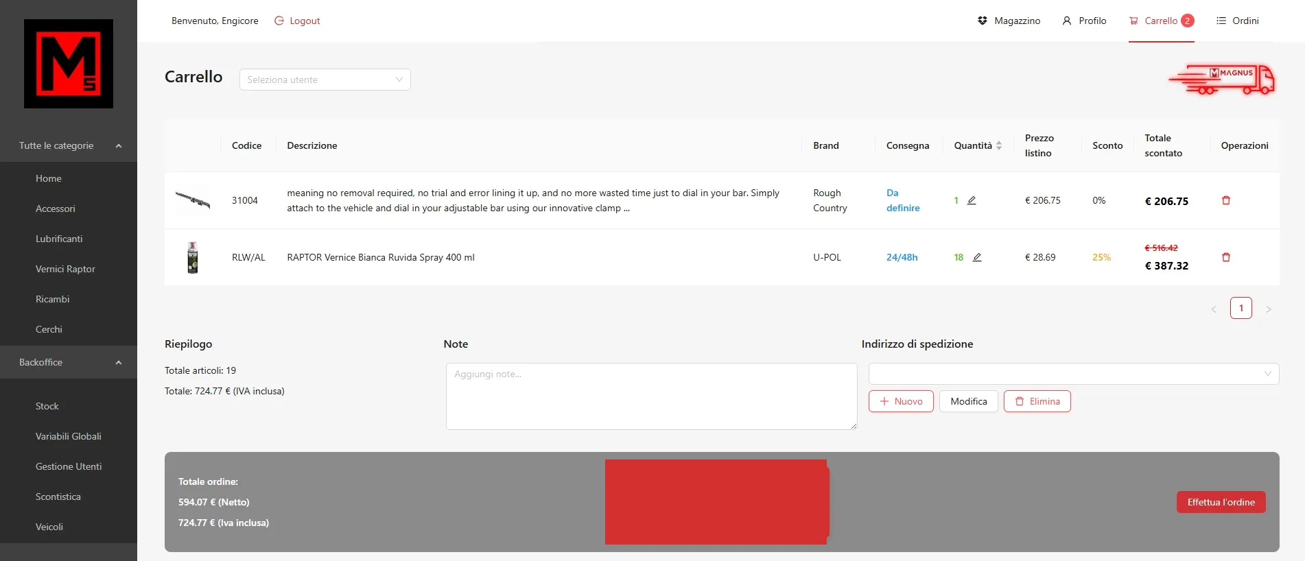Sistema gestione ordini e carrello B2B - workflow completo
